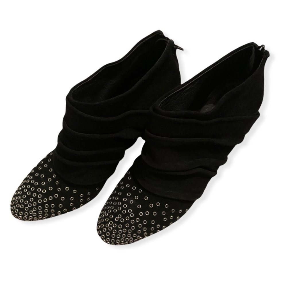 See By Chloe Black Suede Silver Studded Toe Heeled Ankle Booties Size 37.5 - Picture 3 of 9